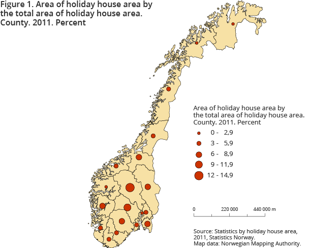 Figure 1. Area of holiday house area by the total area of holiday house area. County. 2011. Percent