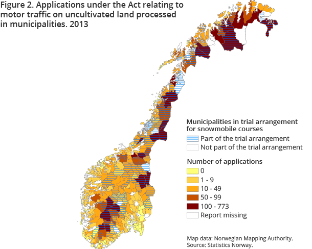 Applications under the Act relating to motor traffic on uncultivated land processed in municipalities. Municipalities in trial arrangement for snowmobile courses. 2013