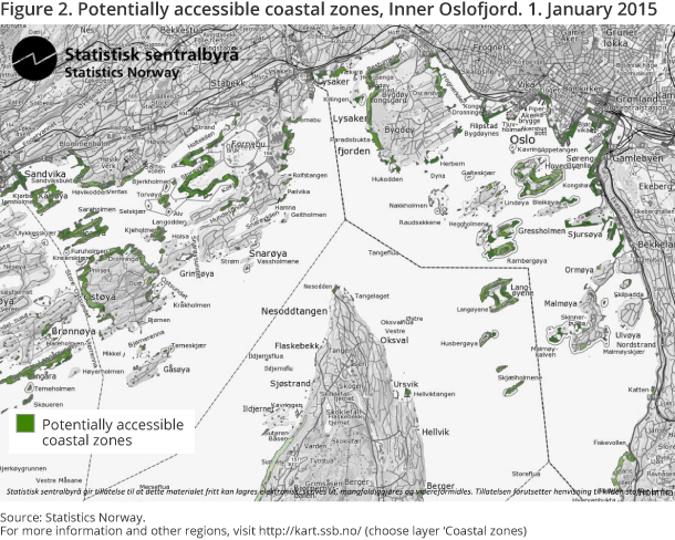 Figure 2. Potentially accessible coastal zones, Inner Oslofjord. 1. January 2015