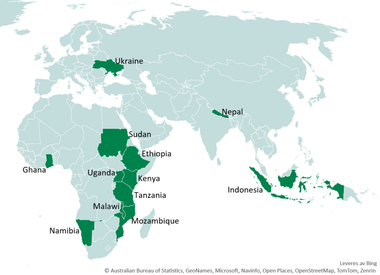 World map showing the countries Statistics Norway work with: Ethiopia, Ghana, Indonesia, Kenya, Kyrgyzstan, Mozambique, Sudan, Uganda, Ukraine, Nepal, Tanzania.