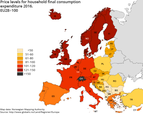 Figure 2. Price levels for household final consumption expenditure 2016. EU28=100