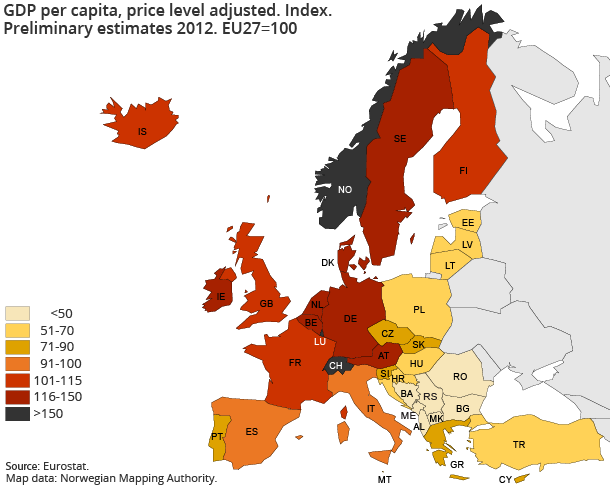 GDP per capita, price level adjusted. Index. Preliminary estimates 2012. EU27=100 GDP per capita, price level adjusted. Index. Preliminary estimates 2012. EU27=100