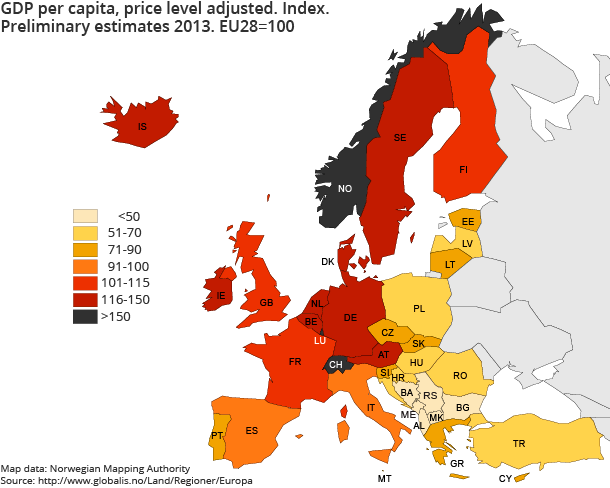 GDP per capita, price level adjusted. Index. Preliminary estimates 2013. EU28=100