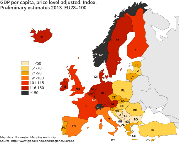 GDP per capita, price level adjusted. Index. Preliminary estimates 2013. EU28=100 GDP per capita, price level adjusted. Index. Preliminary estimates 2013. EU28=100