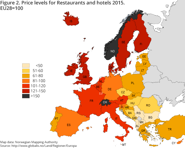 Figure 2. Price levels for Restaurants and hotels 2015. EU28=100