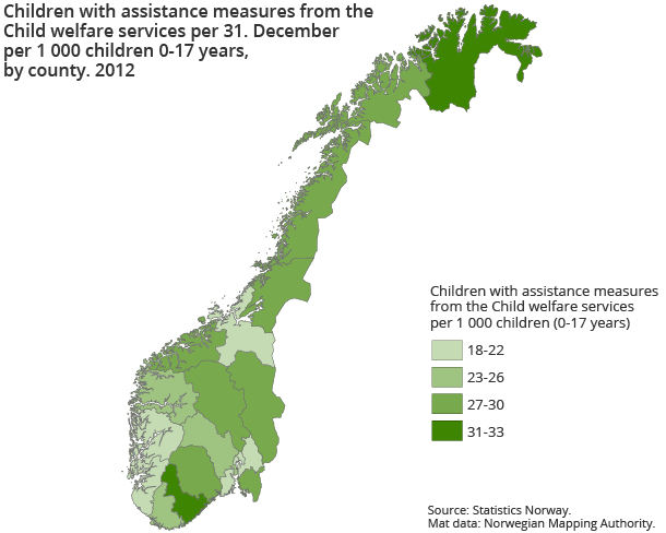 Children with assistance measures from the Child welfare services per 31. December per 1 000 children 0-17 years, by county. 2012