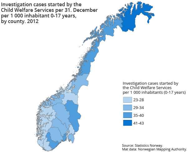 Investigation cases started by the Child Welfare Services per 31. December per 1 000 inhabitant 0-17 years, by county. 2012 Investigation cases started by the Child Welfare Services per 31. December per 1 000 inhabitant 0-17 years, by county. 2012