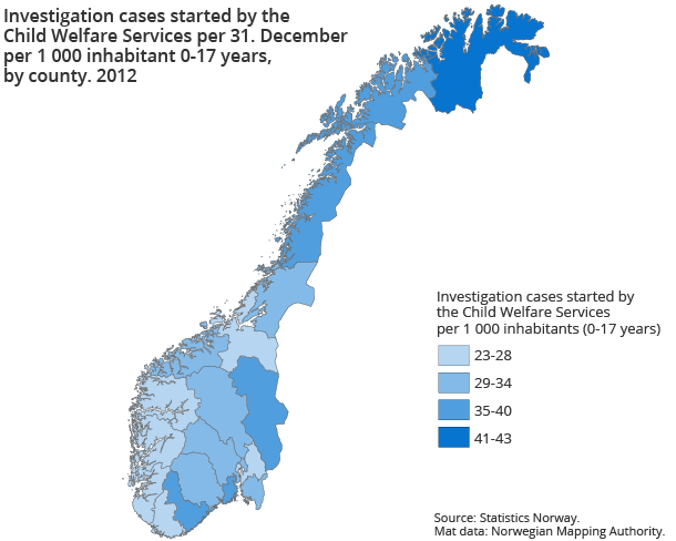Investigation cases started by the Child Welfare Services per 31. December per 1 000 inhabitant 0-17 years, by county. 2012