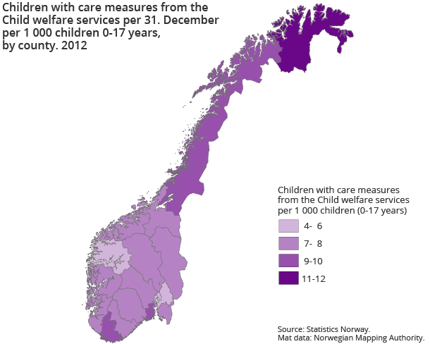 Children with care measures from the Child welfare services per 31. December per 1 000 children 0-17 years, by county. 2012 Children with care measures from the Child welfare services per 31. December per 1 000 children 0-17 years, by county. 2012