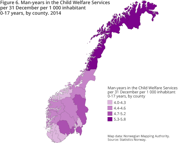 Figur 6. Man-years in the Child Welfare Services per 31 December per 1 000 inhabitant 0-17 years, by county. 2014