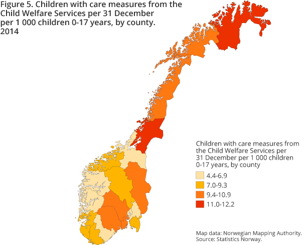 Figure 5. Children with care measures from the Child Welfare Services per 31 December per 1 000 children 0-17 years, by county. 2014
