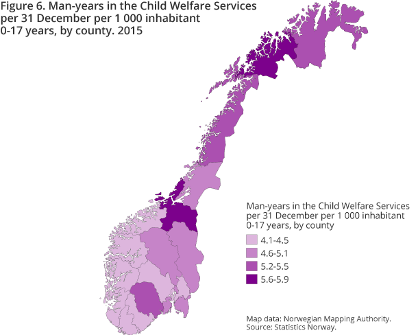 Figure 6. Man-years in the Child Welfare Services per 31 December per 1 000 inhabitant 0-17 years, by county. 2015 Figure 6. Man-years in the Child Welfare Services per 31 December per 1 000 inhabitant 0-17 years, by county. 2015