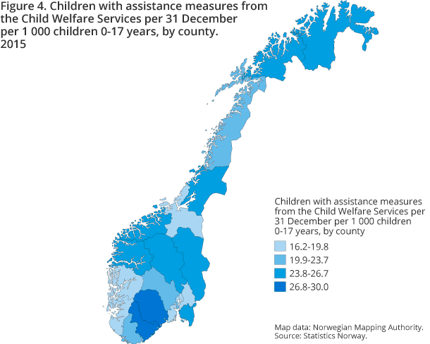 Figure 4. Children with assistance measures from the Child Welfare Services per 31 December per 1 000 children 0-17 years, by county. 2015 Figure 4. Children with assistance measures from the Child Welfare Services per 31 December per 1 000 children 0-17 years, by county. 2015
