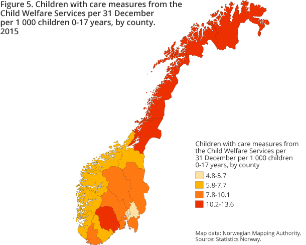 Figure 5. Children with care measures from the Child Welfare Services per 31 December per 1 000 children 0-17 years, by county. 2015 Figure 5. Children with care measures from the Child Welfare Services per 31 December per 1 000 children 0-17 years, by county. 2015