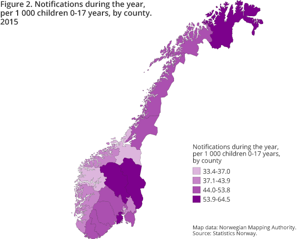 Figure 2. Notifications during the year, per 1 000 children 0-17 years, by county. 2015