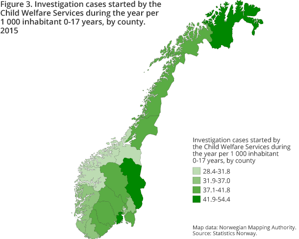 Figure 3. Investigation cases started by the Child Welfare Services during the year per 1 000 inhabitant 0-17 years, by county. 2015