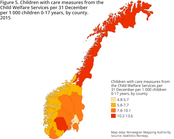 Figure 5. Children with care measures from the Child Welfare Services per 31 December per 1 000 children 0-17 years, by county. 2015