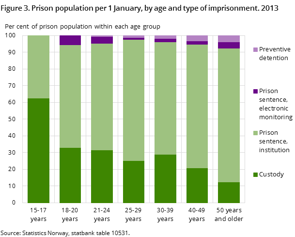 Figure 3. Prison population per 1 January, by age and type of imprisonment. 2013