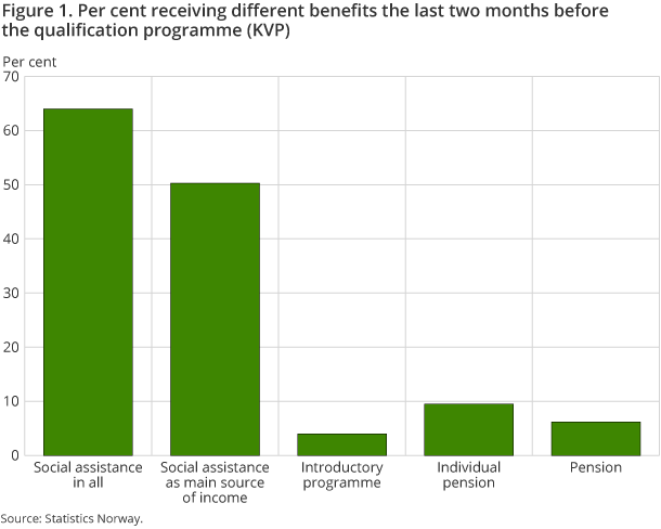Figure 1 shows how many per cent of the participants who received different benefits the last two months before the qualification programme. Figure 1 shows how many per cent of the participants who received different benefits the last two months before the qualification programme.