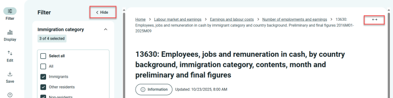 To view more of the table at once, click “Hide” and the arrows in the top right corner of the window.