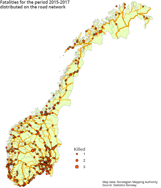 Fatalities for the period 2015-2017distributed on the road network