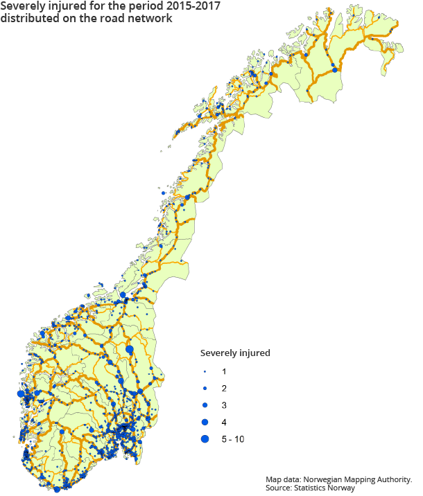 Severely injured for the period 2015-2017 distributed on the road network