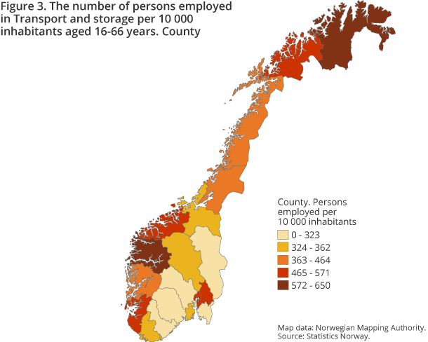 Figure 3. The number of persons employed in Transport and storage per 10 000 inhabitants aged 16-66 years. County