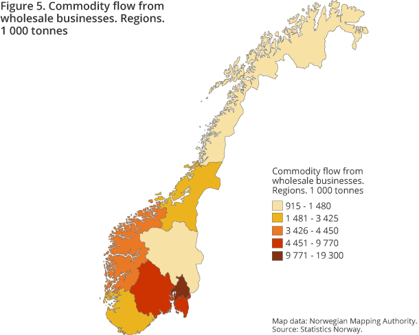 Figure 5. Commodity flow from wholesale businesses. Regions. 1 000 tonnes