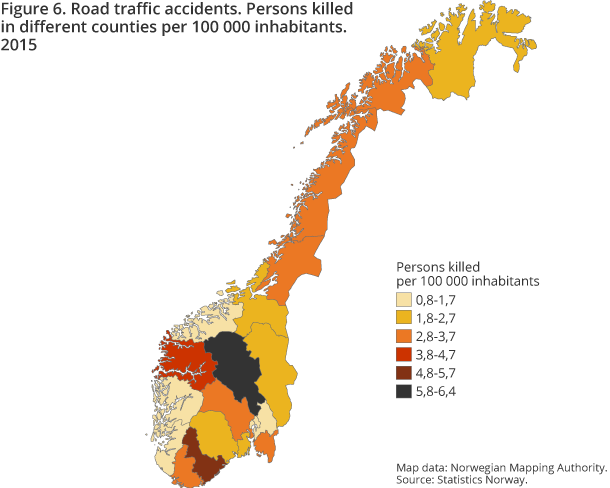 Road traffic accidents. Persons killed in different counties per 100 000 inhabitants. 2015