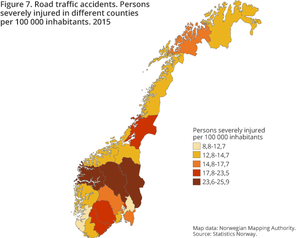 Road traffic accidents. Persons severely injured in different counties per 100 000 inhabitants. 2015