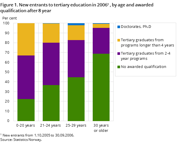 Figure 1. New entrants to tertiary education in 2006, by age and awarded qualification after 8 year