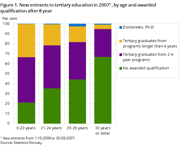 Figure 1. New entrants to tertiary education in 2007, by age and awarded qualification after 8 year