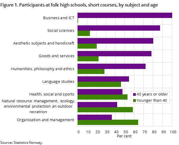 Figure 1. Participants at folk high schools, short courses, by subject and age