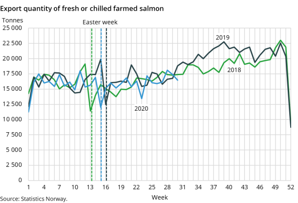 Export quantity of fresh or chilled farmed salmon