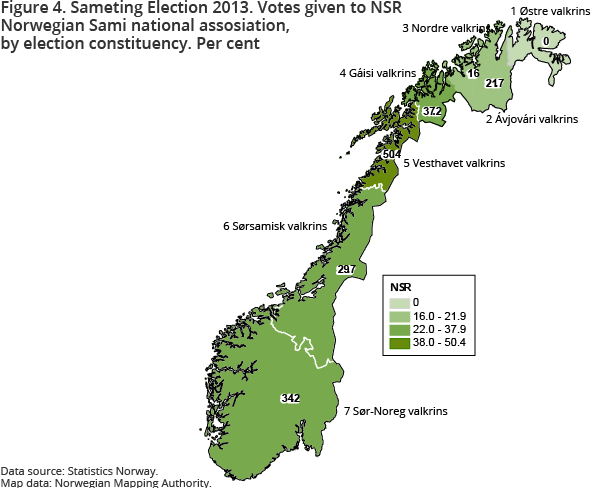 Figure 4. Sameting Election 2013. Votes given to NSR Norwegian Sami national assosiation, by election constituency. Per cent