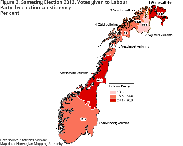 Figure 3. Sameting Election 2013. Votes given to Labour Party, by election constituency. Per cent