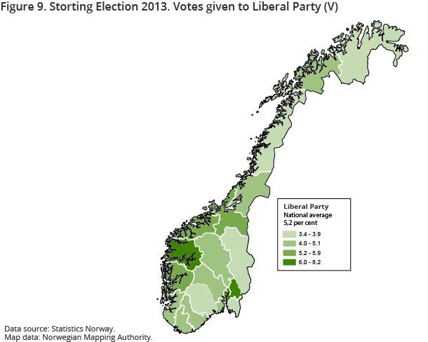 Figure 9. Storting Election 2013. Votes given to Liberal Party (V)