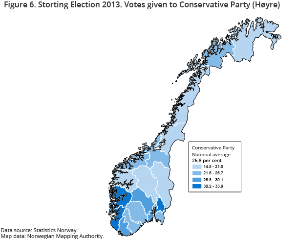 Figure 6. Storting Election 2013. Votes given to Conservative Party (Høyre)