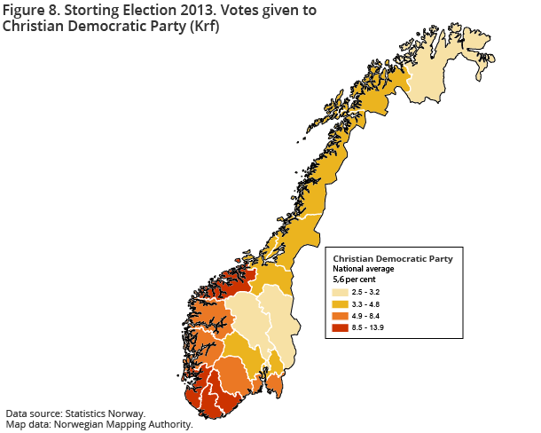 Figure 8. Storting Election 2013. Votes given to Christian Democratic Party (Krf)