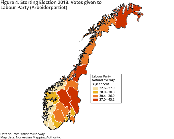 Figure 4. Storting Election 2013. Votes given to Labour Party (Arbeiderpartiet)