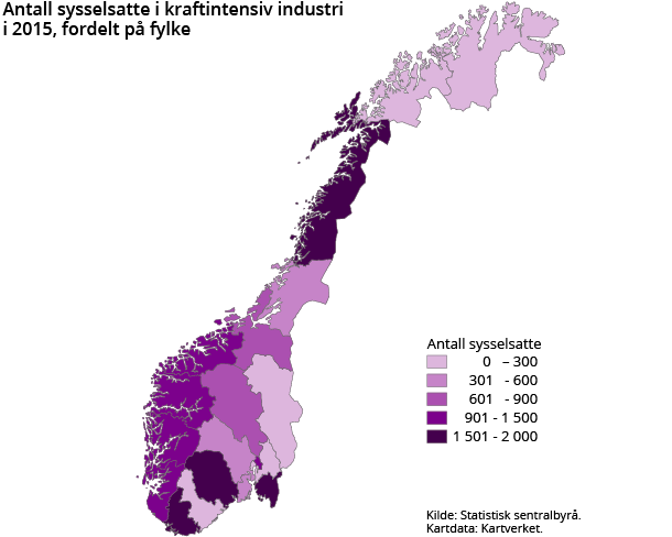 Figur 2. Antall sysselsatte i kraftintensiv industri i 2015, fordelt på fylke