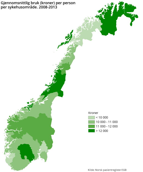 Gjennomsnittlig bruk (kroner) per person per sykehusområde. 2008-2013 Gjennomsnittlig bruk (kroner) per person per sykehusområde. 2008-2013