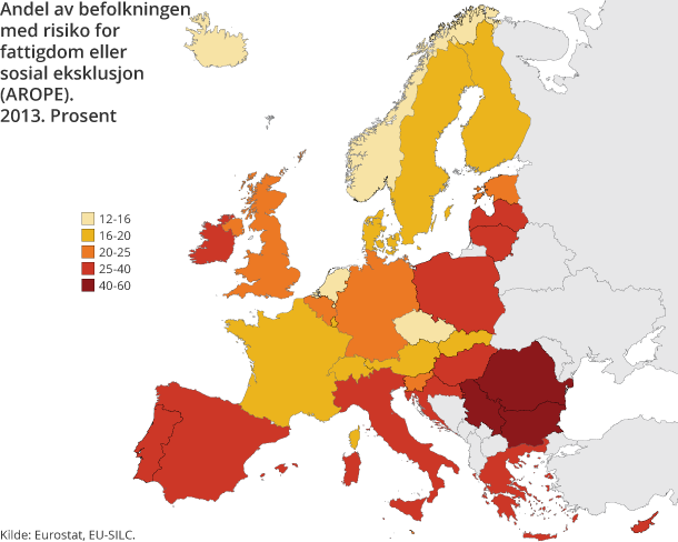 Figur 1. Andel av befolkningen med risiko for fattigdom eller sosial eksklusjon (AROPE). 2013. Prosent Figur 1. Andel av befolkningen med risiko for fattigdom eller sosial eksklusjon (AROPE). 2013. Prosent