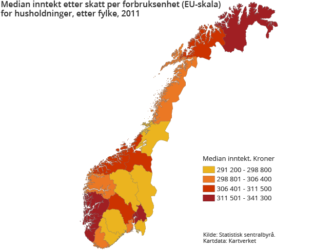Median inntekt etter skatt per forbruksenhet (EU-skala) for husholdninger, etter fylke. 2011