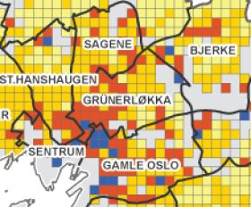 Utsnitt av rutenettkart som viser innvandrerbefolkningen i bydeler i Oslo