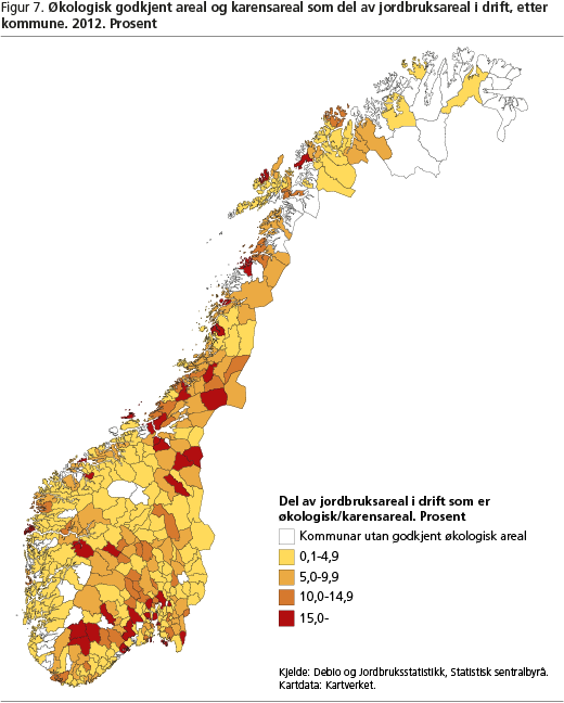 Figur 7. Økologisk godkjent areal og karensareal som del av jordbruksareal i drift, etter kommune. 2012. Prosent asb-ail-fig7