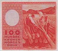 Bilde: Norges Banks nye hundrekroner-seddel fra 1949