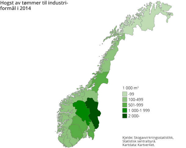 Figur 3. Hogst av tømmer til industriformål i 2014 Figur 3. Hogst av tømmer til industriformål i 2014