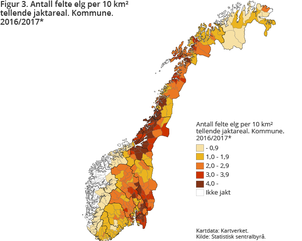Figur 3. Antall felte elg per 10 km² tellende jaktareal. Kommune. Foreløpige tall. 2016/2017 Figur 3. Antall felte elg per 10 km² tellende jaktareal. Kommune. Foreløpige tall. 2016/2017