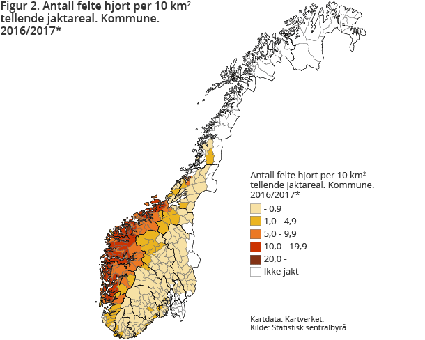 Figur 2. Antall felte hjort per 10 km2 tellende jaktareal. Kommune. Foreløpige tall. 2016/2017 Figur 2. Antall felte hjort per 10 km2 tellende jaktareal. Kommune. Foreløpige tall. 2016/2017